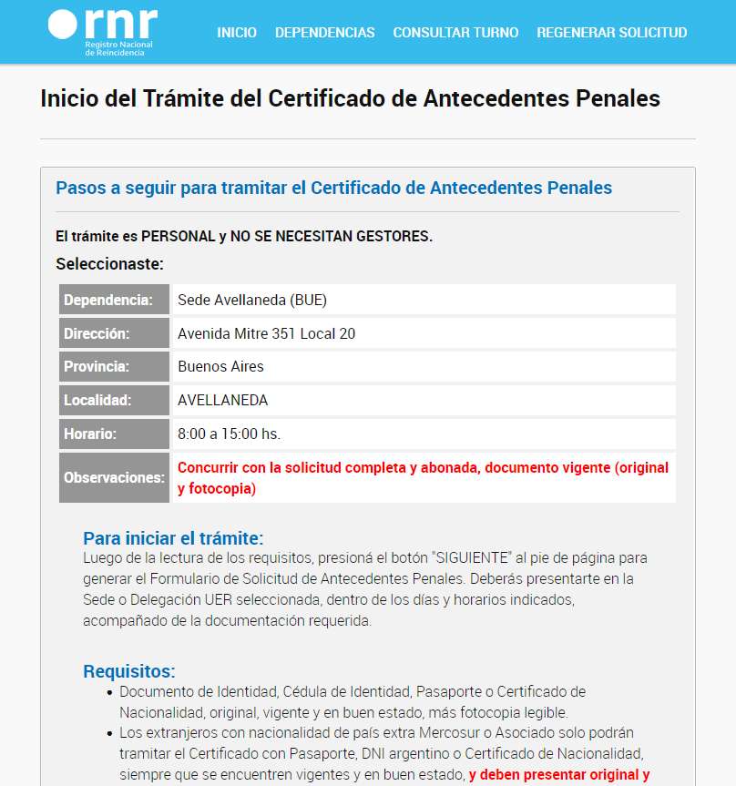 Resumen de los datos selccionados para realizar el turno en la rnr