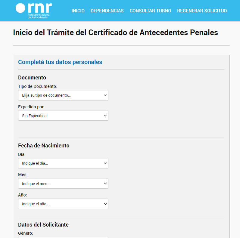 Llenar formulario con los datos para crear el certificado de penales