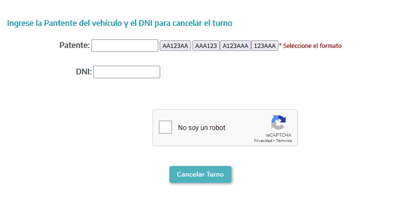 Ingresar los datos personales para cancelar turno VTV